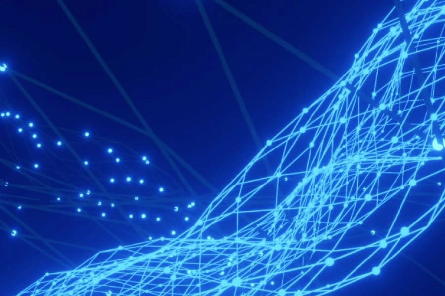 Fond abstrait bleu avec un réseau de lignes interconnectées.