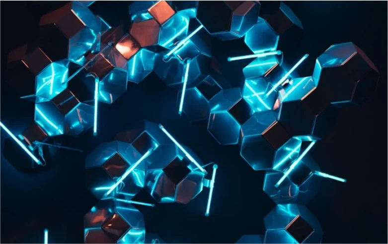 Un groupe de lumières bleues et de cubes disposés de manière artistique dans un espace sombre.