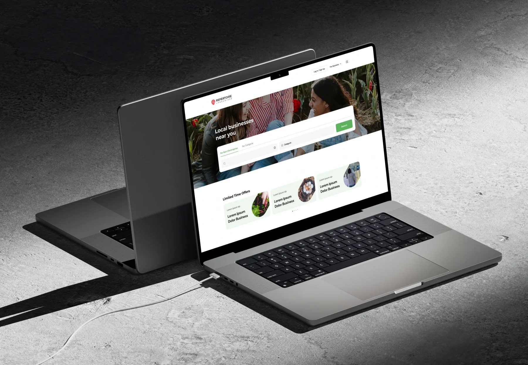 Page d'accueil du site web de Repertoire Lanaudiere affichée sur un ordinateur portable